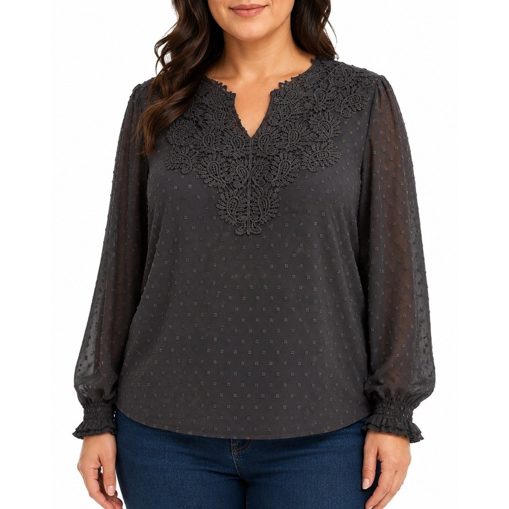 Falechay Womens Plus Blouse Top Dark Gray Lace Trim Dobby Chiffon Long Sleeve XL